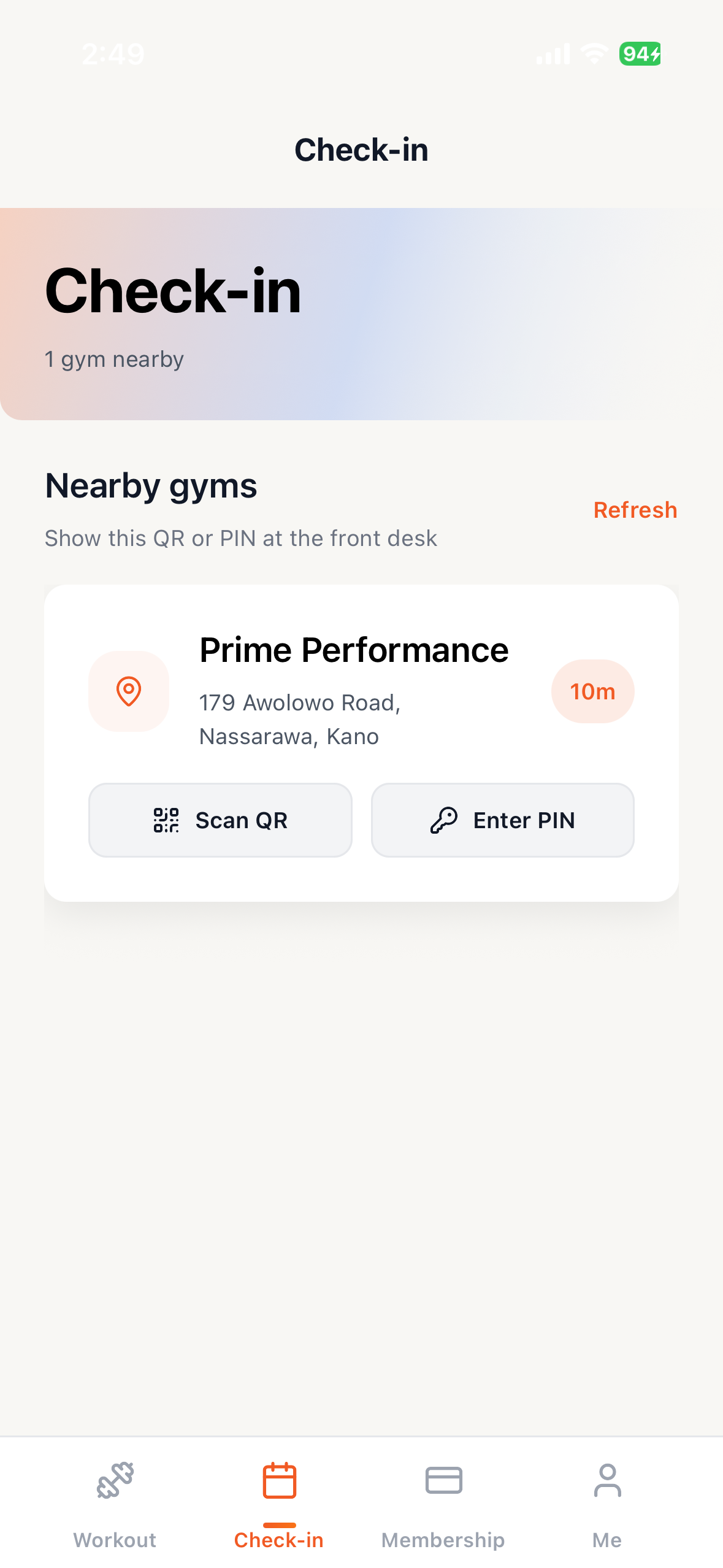 FitBranch check-in screen